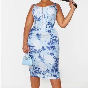 PrettyLittleThing NWT Plus Blue Tie Dye Corset Detail Midi Dress Size 18
